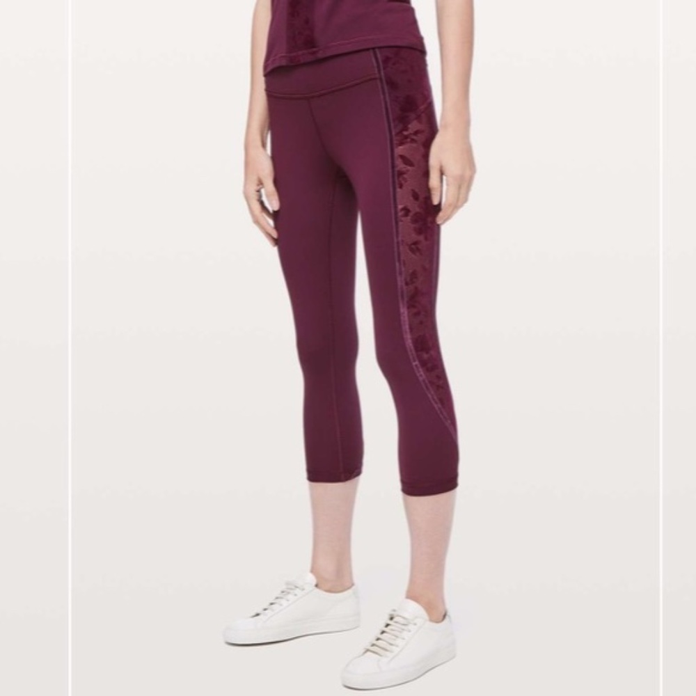 EUC Lululemon Hi-Rise Burgundy laser Mesh crops 4
